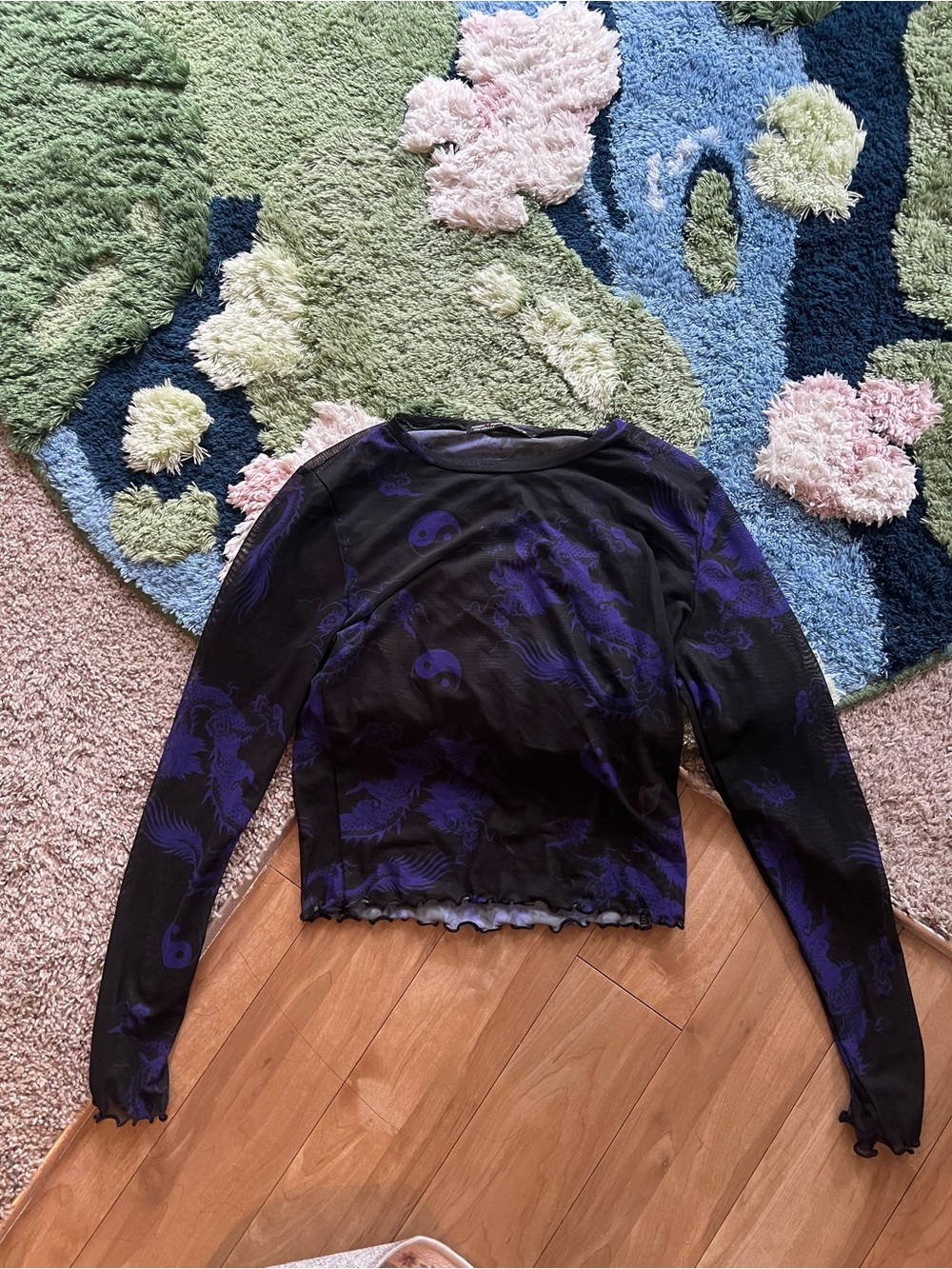Black & Purple Dragon Print Mesh Long Sleeve Top